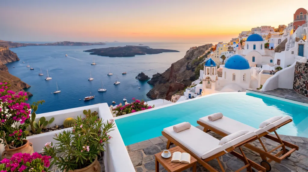 widok z tarasu z basenem na kalderę Santorini o zachodzie słońca