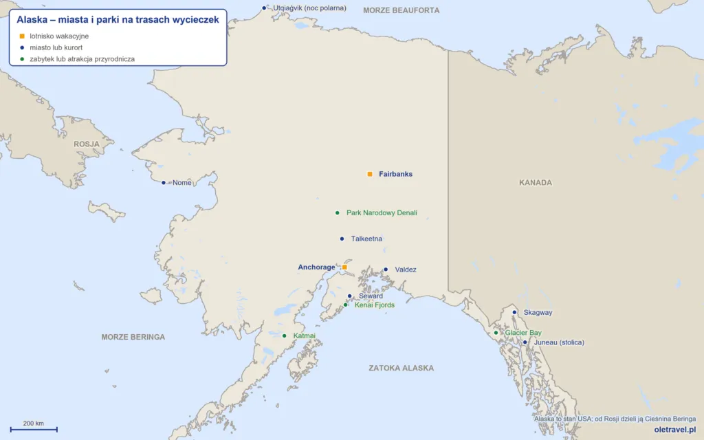 mapa Alaski: Anchorage, Fairbanks, Park Narodowy Denali, Seward i Kenai Fjords, Juneau, Utqiaġvik