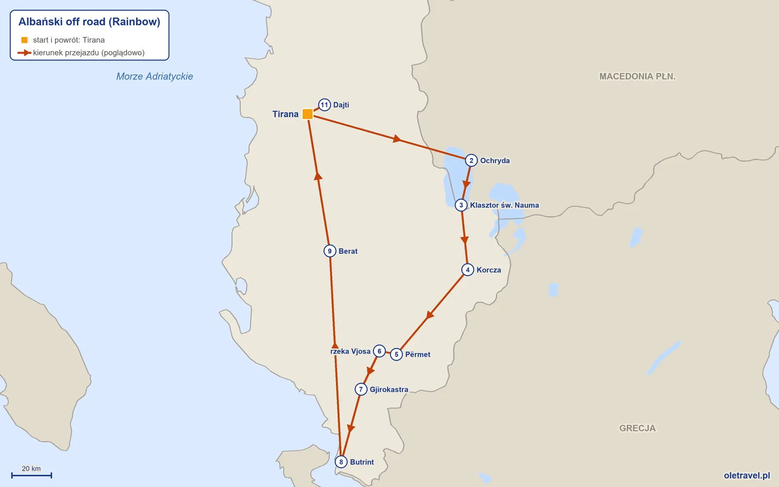 Mapa trasy wycieczki „Albański off road” z Rainbow: Tirana – Ochryda – Klasztor św. Nauma – Korcza – Përmet – rzeka Vjosa – Gjirokastra – Butrint – Berat – Tirana – Dajti – Tirana