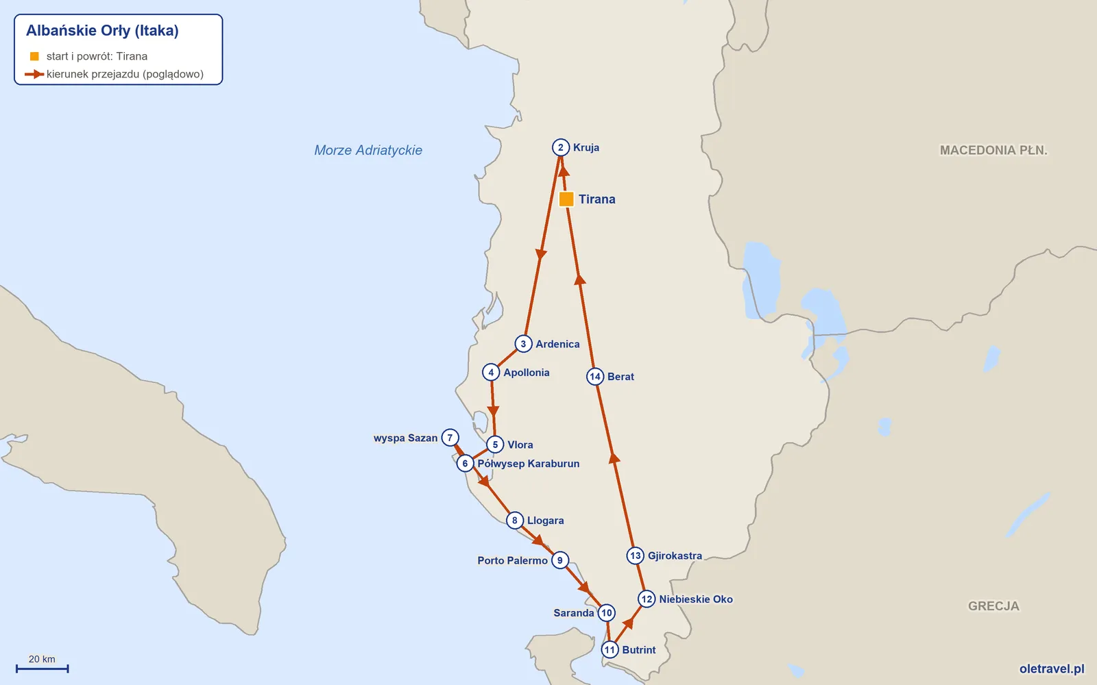 Mapa trasy wycieczki „Albańskie Orły” z Itaką: Tirana – Kruja – Ardenica – Apollonia – Vlora – Półwysep Karaburun – wyspa Sazan – Llogara – Porto Palermo – Saranda – Butrint – Niebieskie Oko – Gjirokastra – Berat – Tirana