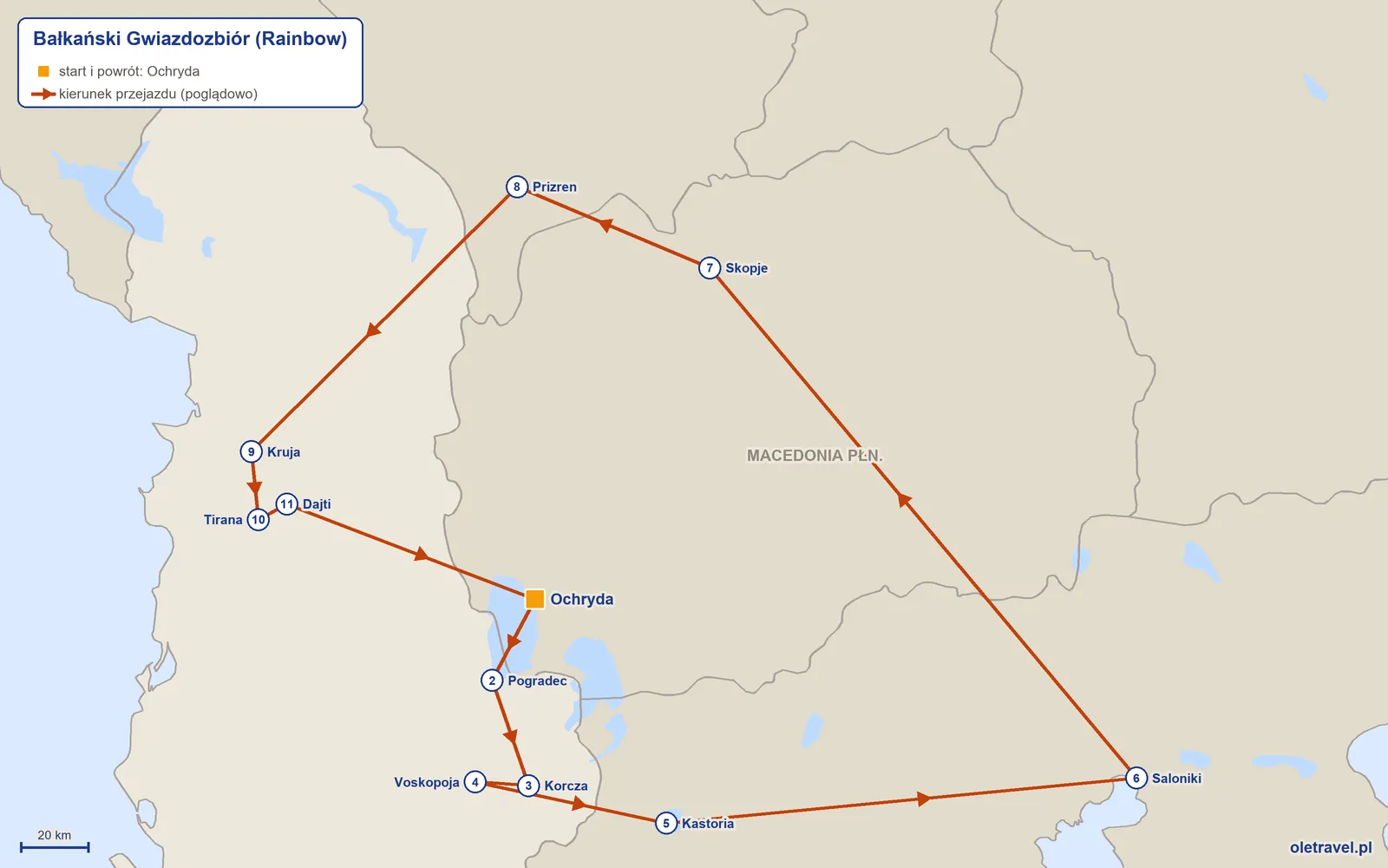 Mapa trasy wycieczki „Bałkański Gwiazdozbiór” z Rainbow: Ochryda – Pogradec – Korcza – Voskopoja – Kastoria – Saloniki – Skopje – Prizren – Kruja – Tirana – Dajti – Ochryda