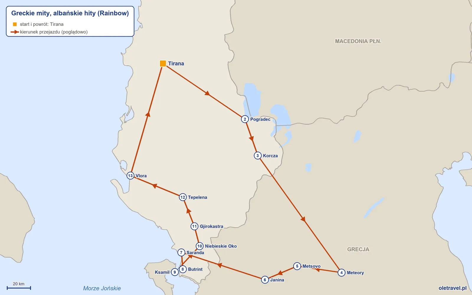 Mapa trasy wycieczki „Greckie mity, albańskie hity” z Rainbow: Tirana – Pogradec – Korcza – Meteory – Metsovo – Janina – Saranda – Butrint – Ksamil – Niebieskie Oko – Gjirokastra – Tepelena – Vlora – Tirana