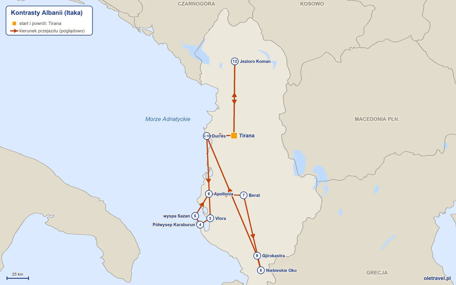 Mapa trasy wycieczki „Kontrasty Albanii” z Itaką: Tirana – Durrës – Vlora – Półwysep Karaburun – wyspa Sazan – Apollonia – Berat – Niebieskie Oko – Gjirokastra – Durrës – Tirana – Jezioro Koman – Tirana