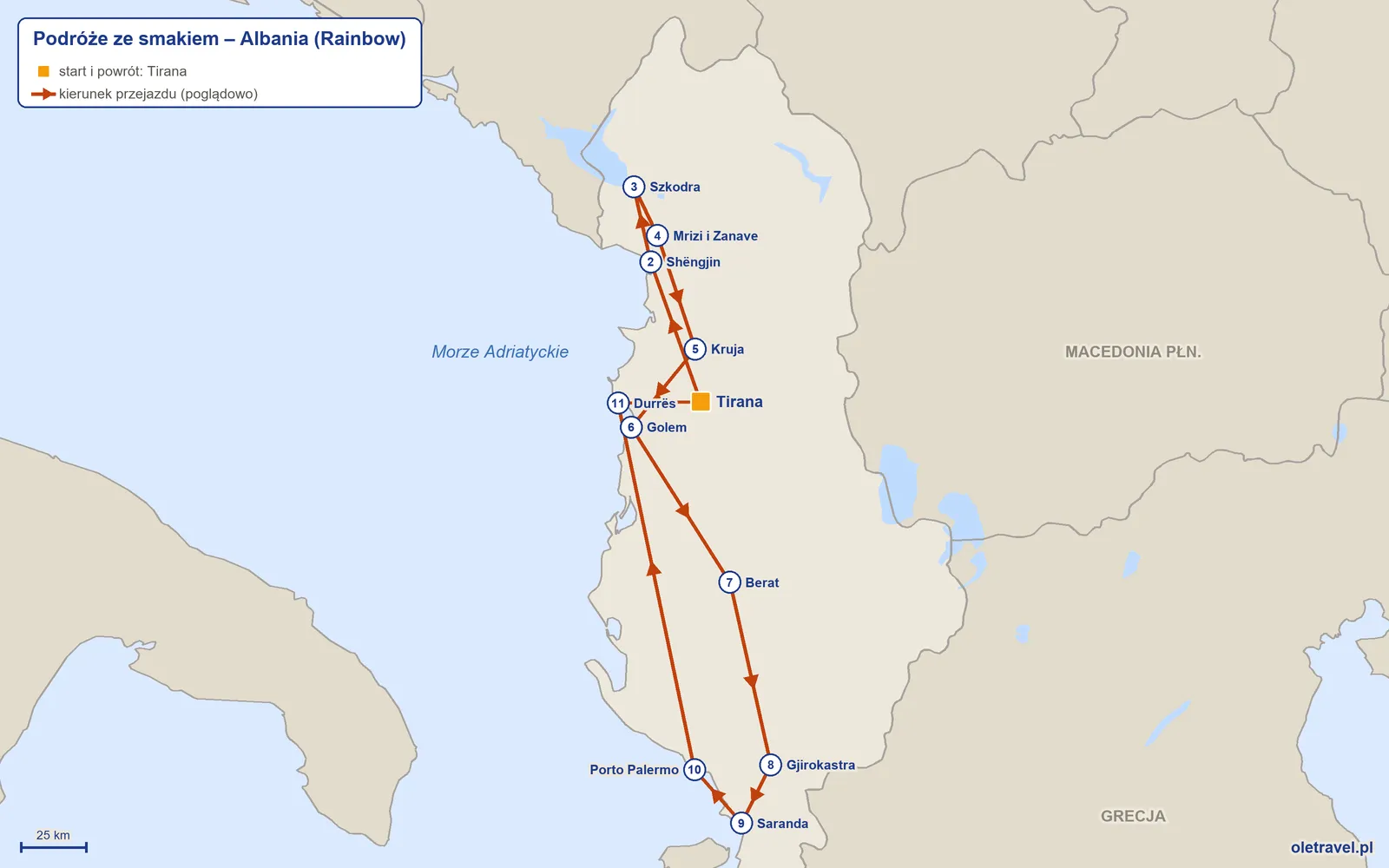 Mapa trasy wycieczki „Podróże ze smakiem – Albania” z Rainbow: Tirana – Shëngjin – Szkodra – Mrizi i Zanave – Kruja – Golem – Berat – Gjirokastra – Saranda – Porto Palermo – Durrës – Tirana