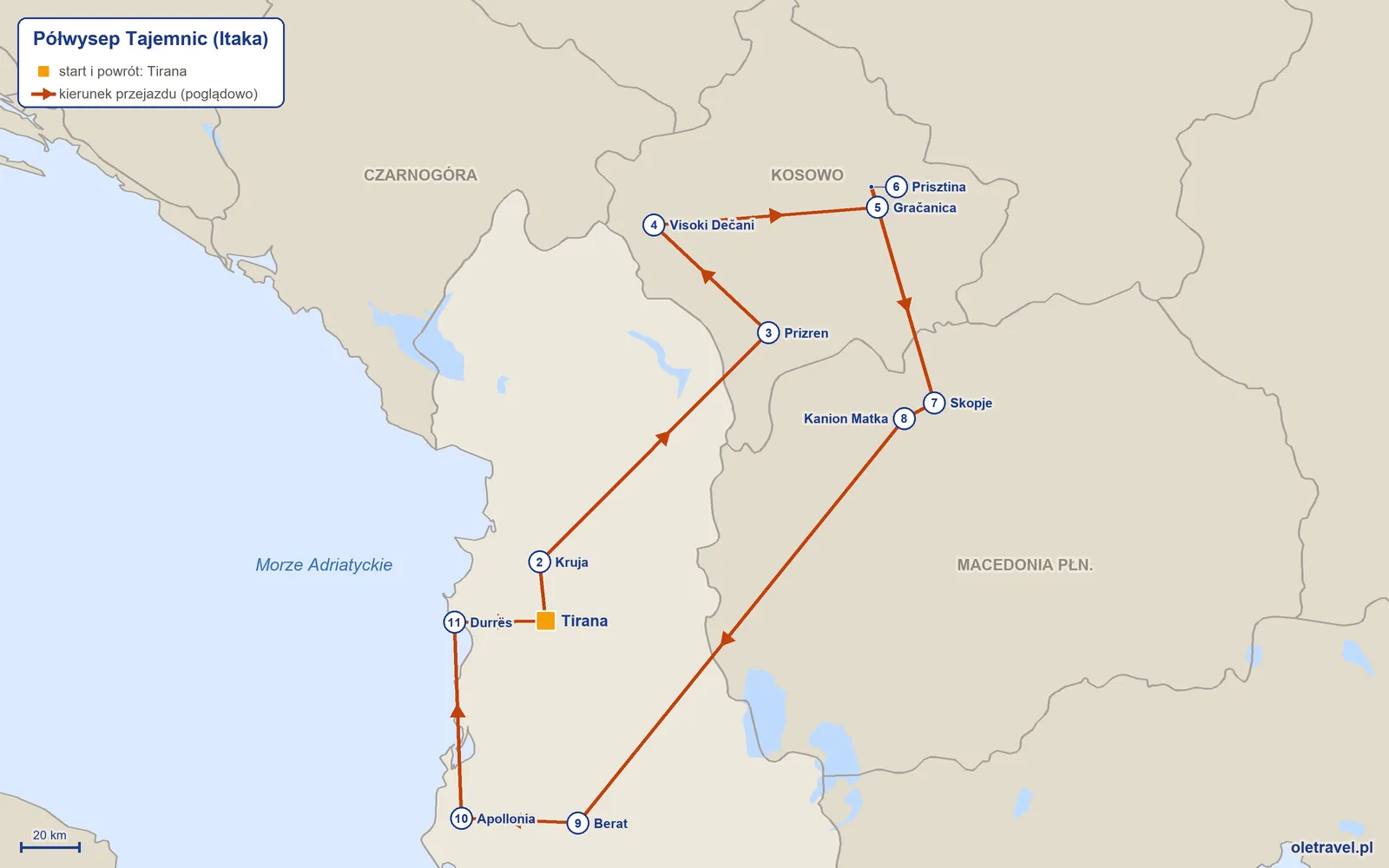 Mapa trasy wycieczki „Półwysep Tajemnic” z Itaką: Tirana – Kruja – Prizren – Visoki Dečani – Gračanica – Prisztina – Skopje – Kanion Matka – Berat – Apollonia – Durrës – Tirana