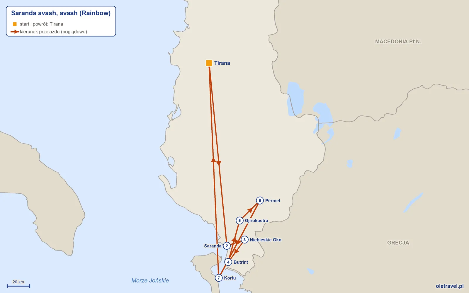 Mapa trasy wycieczki „Saranda avash, avash” z Rainbow: Tirana – Saranda – Niebieskie Oko – Butrint – Gjirokastra – Përmet – Korfu – Tirana