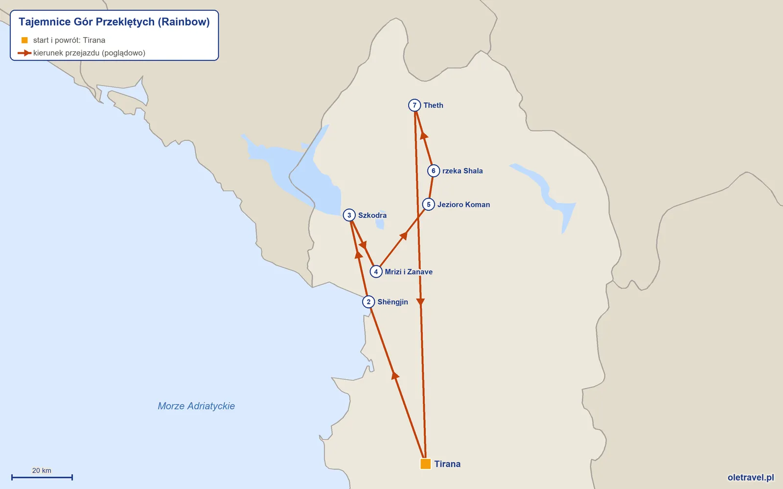Mapa trasy wycieczki „Tajemnice Gór Przeklętych” z Rainbow: Tirana – Shëngjin – Szkodra – Mrizi i Zanave – Jezioro Koman – rzeka Shala – Theth – Tirana