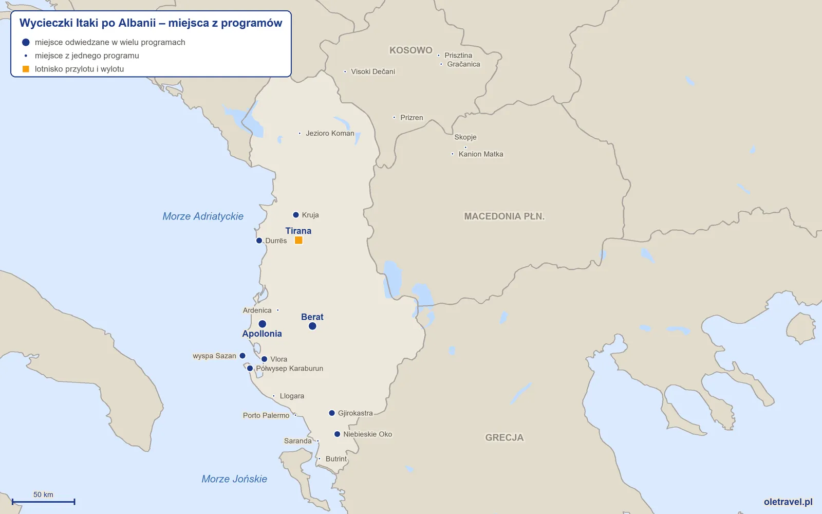 Mapa: Albania z miejscami z programów wycieczek objazdowych Itaki