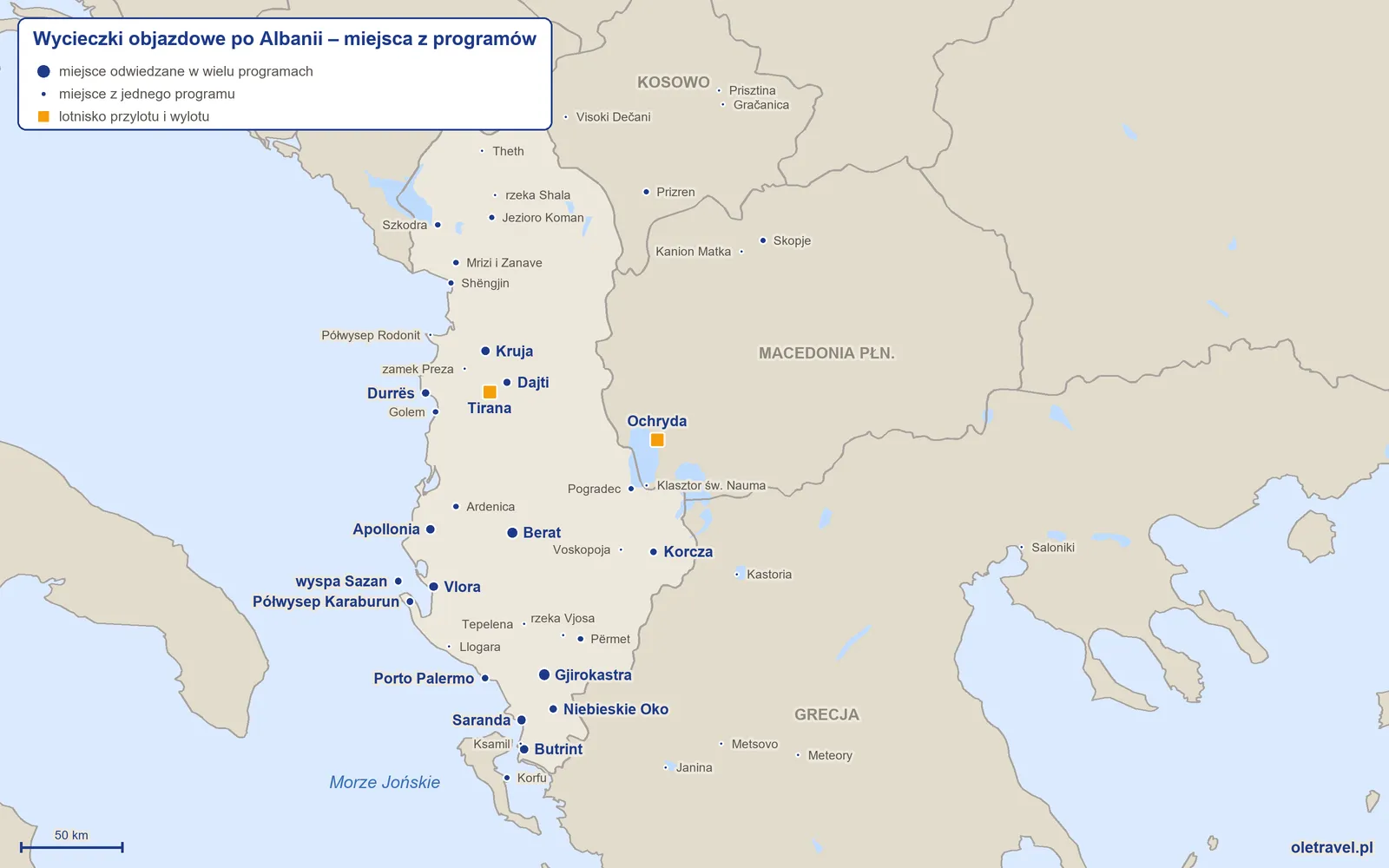 Mapa: Albania z miejscami odwiedzanymi na wycieczkach objazdowych z naszej oferty