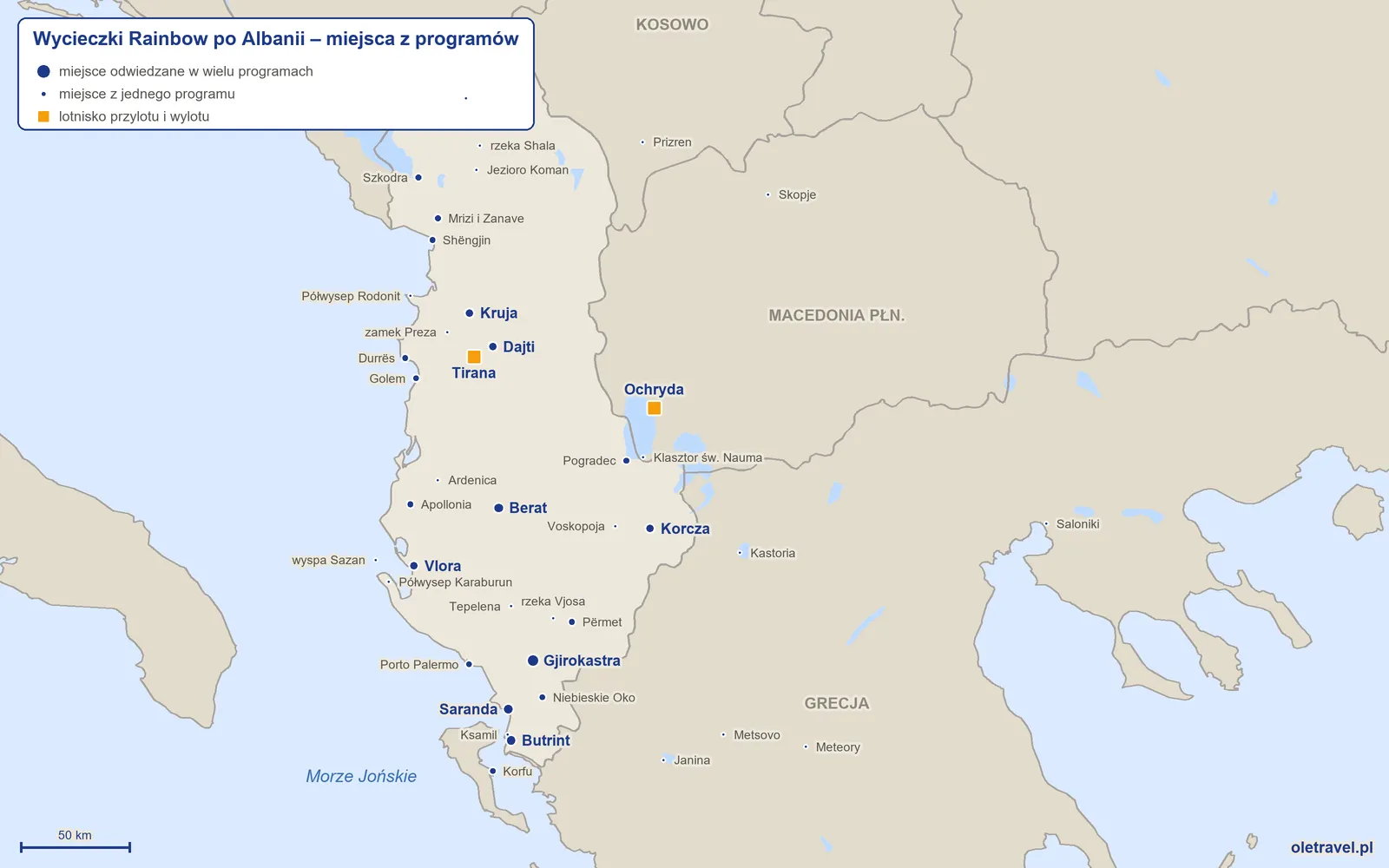 Mapa: Albania z miejscami z programów wycieczek objazdowych Rainbow