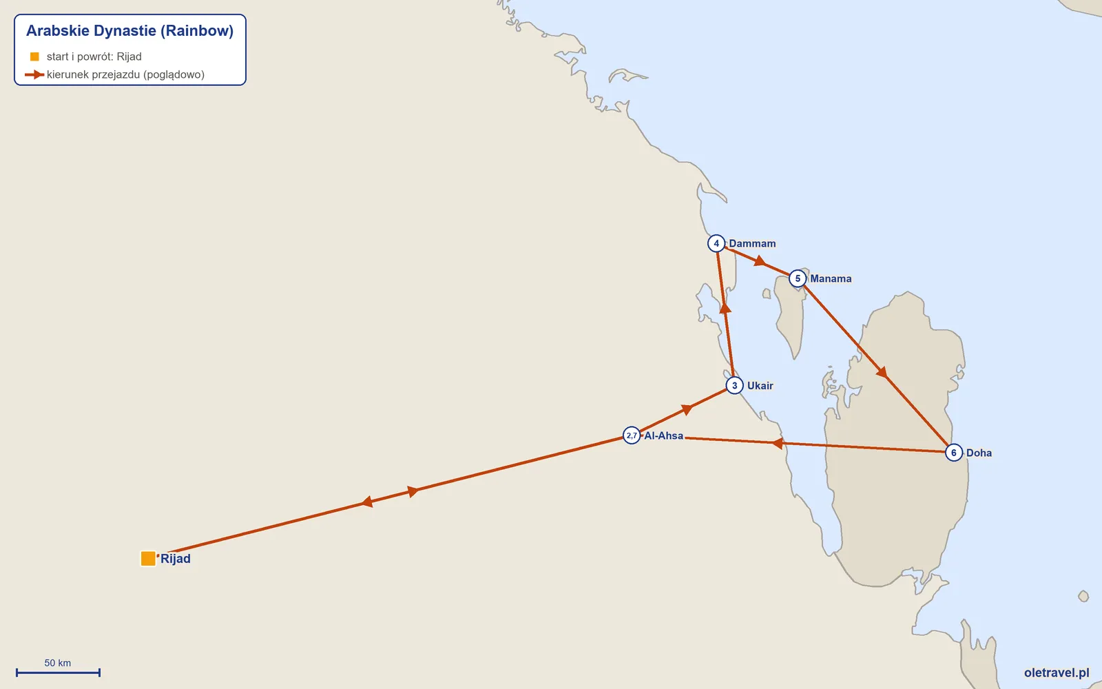 Mapa trasy wycieczki „Arabskie Dynastie” z Rainbow: Rijad – Al-Ahsa – Ukair – Dammam – Manama – Doha – Al-Ahsa – Rijad