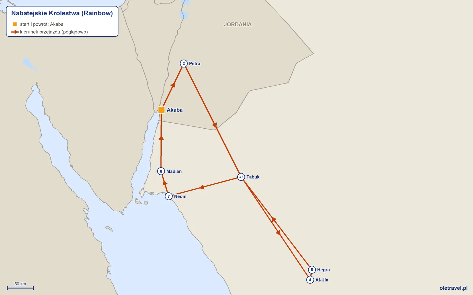 Mapa trasy wycieczki „Nabatejskie Królestwa” z Rainbow: Akaba – Petra – Tabuk – Al-Ula – Hegra – Tabuk – Neom – Madian – Akaba