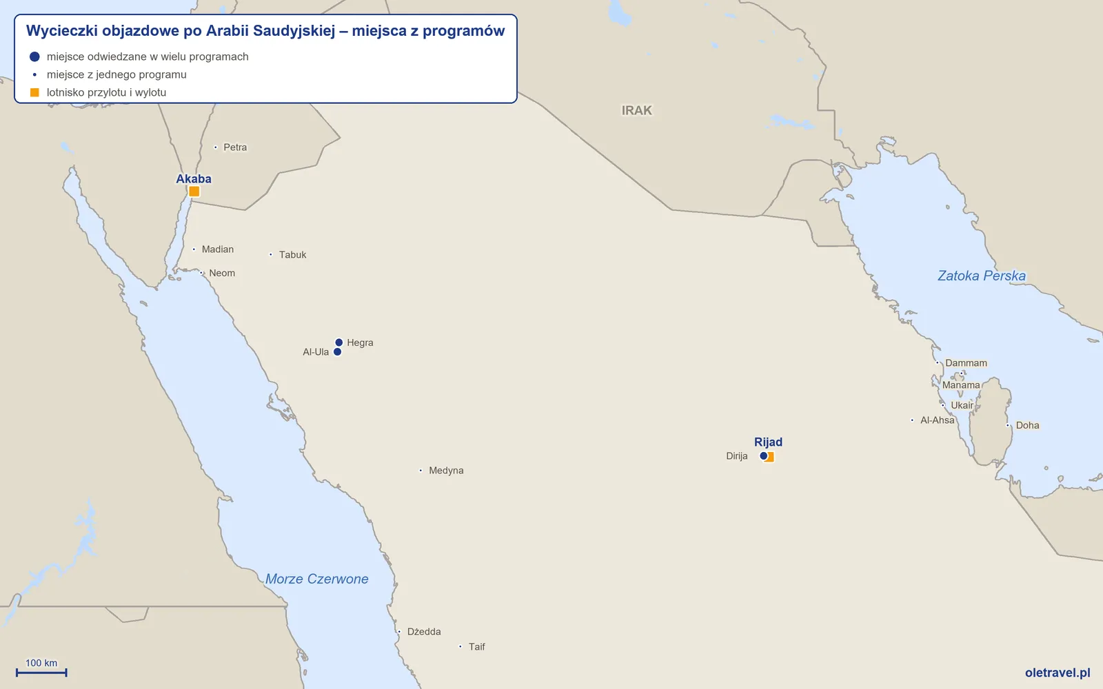 Mapa: Arabia Saudyjska z miejscami odwiedzanymi na wycieczkach objazdowych z naszej oferty