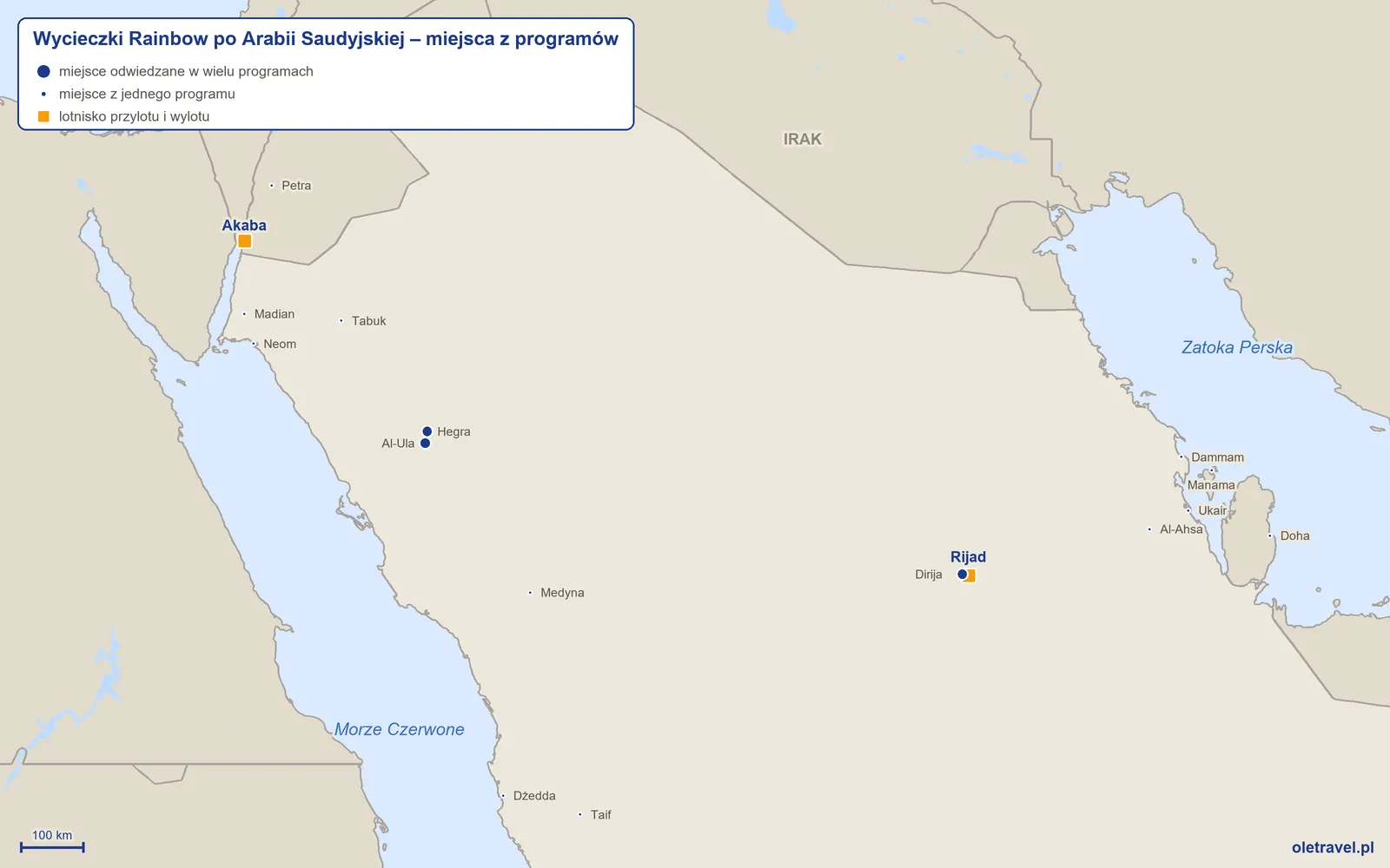 Mapa: Arabia Saudyjska z miejscami z programów wycieczek objazdowych Rainbow