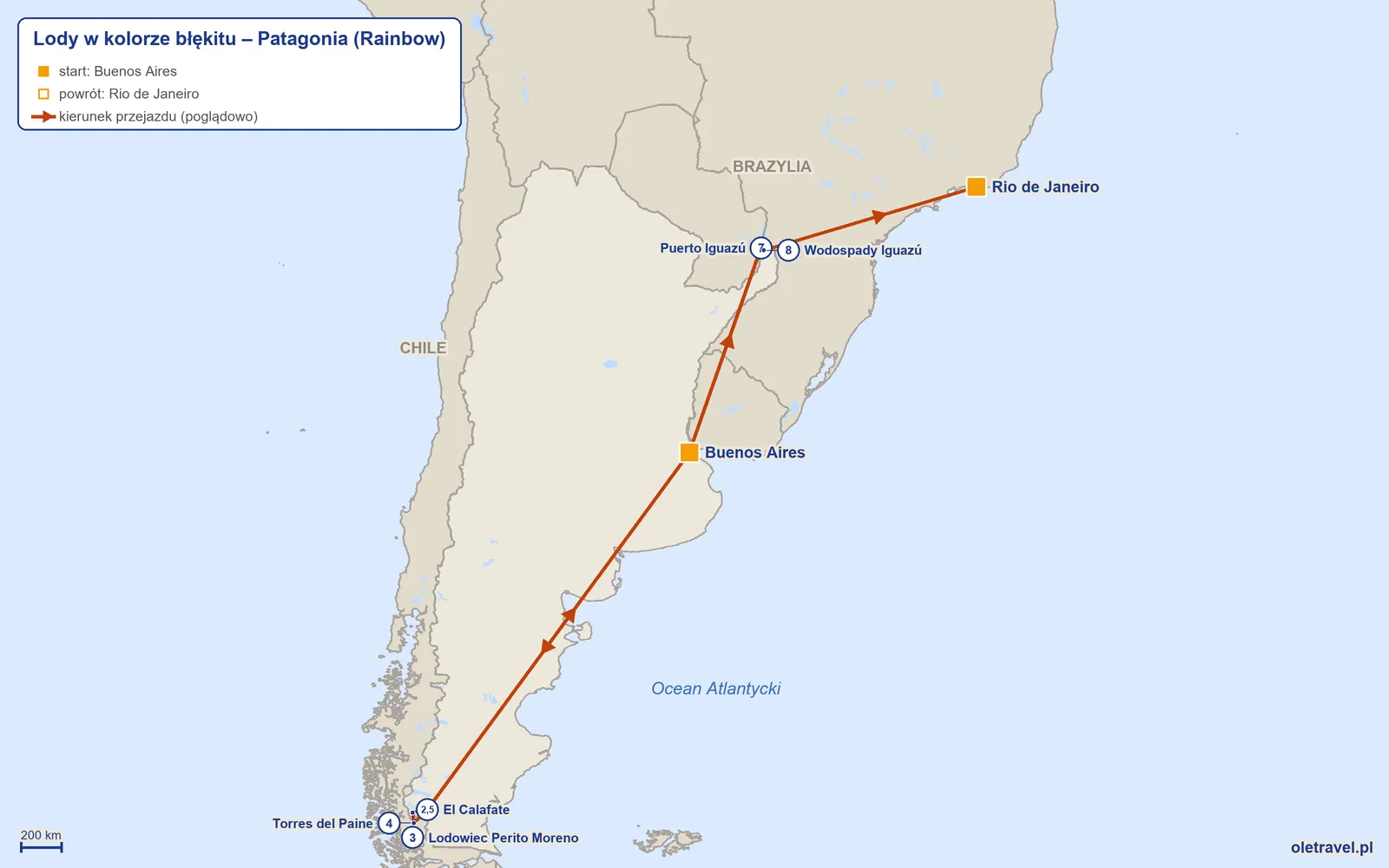 Mapa trasy wycieczki „Lody w kolorze błękitu – Patagonia” z Rainbow: Buenos Aires – El Calafate – Lodowiec Perito Moreno – Torres del Paine – El Calafate – Buenos Aires – Puerto Iguazú – Wodospady Iguazú – Rio de Janeiro