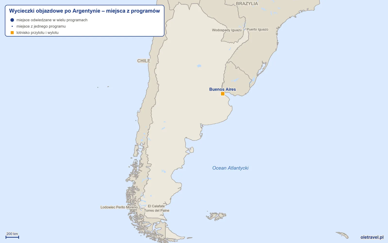 Mapa: Argentyna z miejscami odwiedzanymi na wycieczkach objazdowych z naszej oferty
