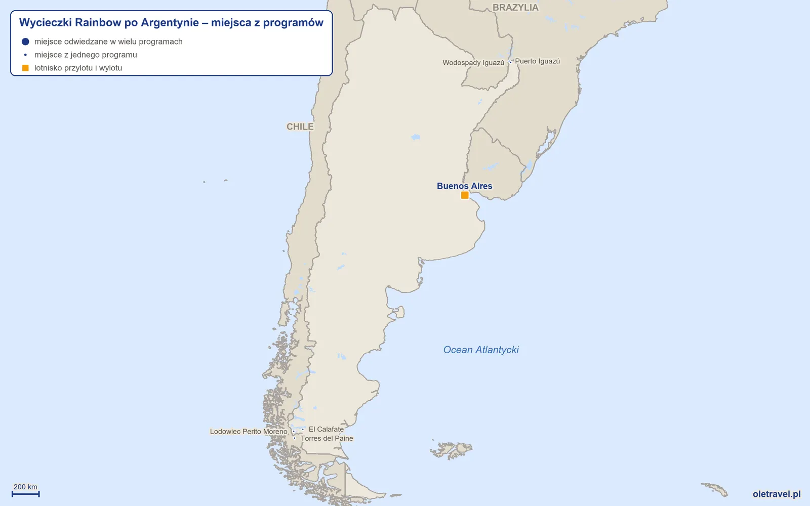 Mapa: Argentyna z miejscami z programów wycieczek objazdowych Rainbow