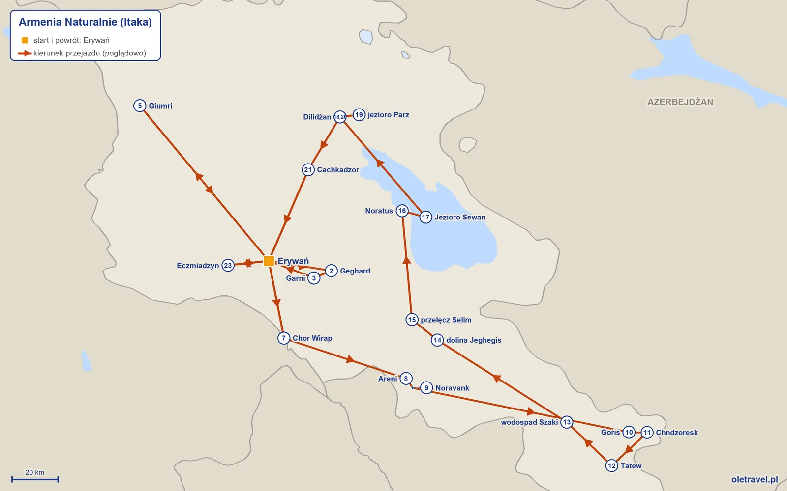 Mapa trasy wycieczki „Armenia Naturalnie” z Itaką: Erywań – Geghard – Garni – Erywań – Giumri – Erywań – Chor Wirap – Areni – Noravank – Goris – Chndzoresk – Tatew – wodospad Szaki – dolina Jeghegis – przełęcz Selim – Noratus – Jezioro Sewan – Dilidżan – jezioro Parz – Dilidżan – Cachkadzor – Erywań – Eczmiadzyn – Erywań