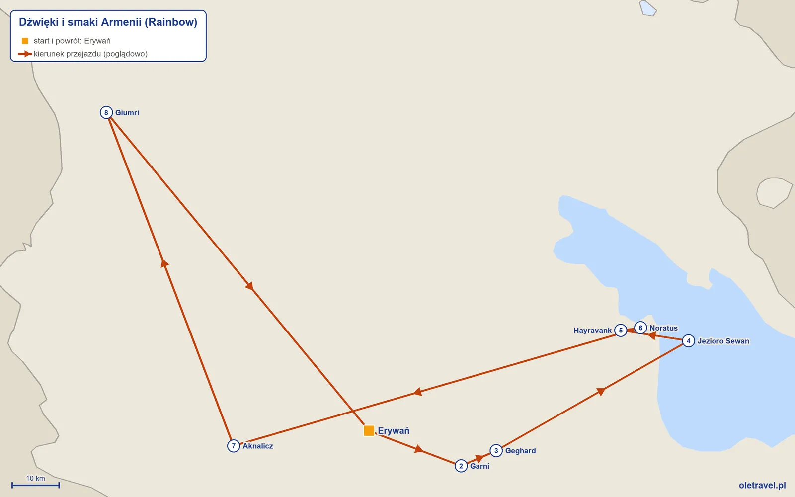 Mapa trasy wycieczki „Dźwięki i smaki Armenii” z Rainbow: Erywań – Garni – Geghard – Jezioro Sewan – Hayravank – Noratus – Aknalicz – Giumri – Erywań