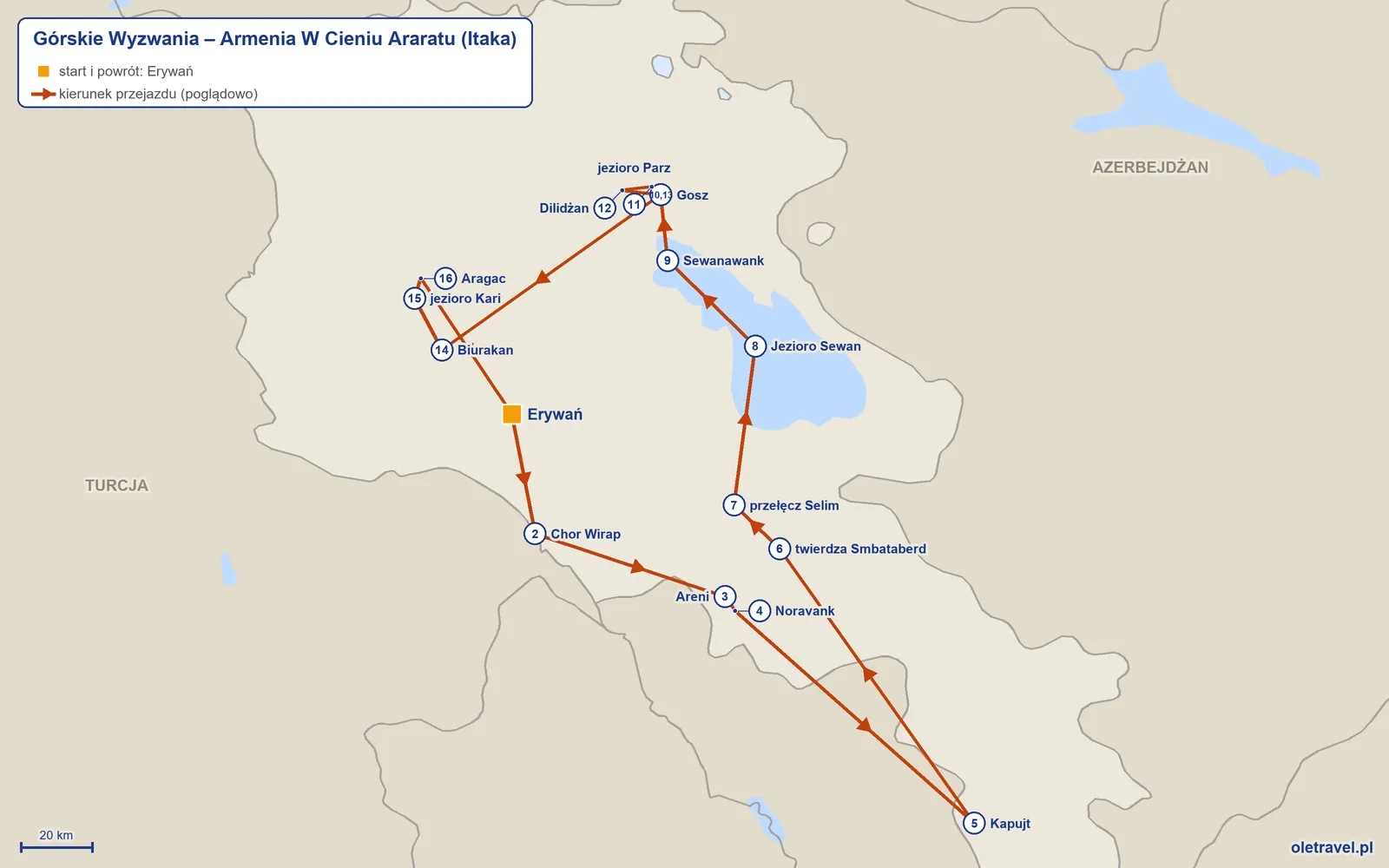 Mapa trasy wycieczki „Górskie Wyzwania – Armenia W Cieniu Araratu” z Itaką: Erywań – Chor Wirap – Areni – Noravank – Kapujt – twierdza Smbataberd – przełęcz Selim – Jezioro Sewan – Sewanawank – Gosz – jezioro Parz – Dilidżan – Gosz – Biurakan – jezioro Kari – Aragac – Erywań