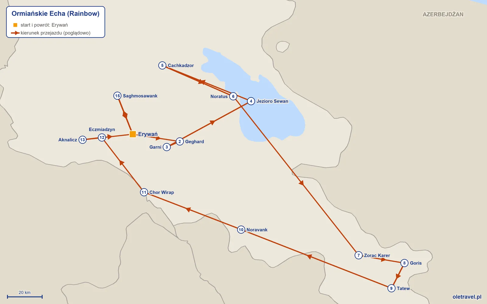 Mapa trasy wycieczki „Ormiańskie Echa” z Rainbow: Erywań – Geghard – Garni – Jezioro Sewan – Cachkadzor – Noratus – Zorac Karer – Goris – Tatew – Noravank – Chor Wirap – Eczmiadzyn – Aknalicz – Erywań – Saghmosawank – Erywań