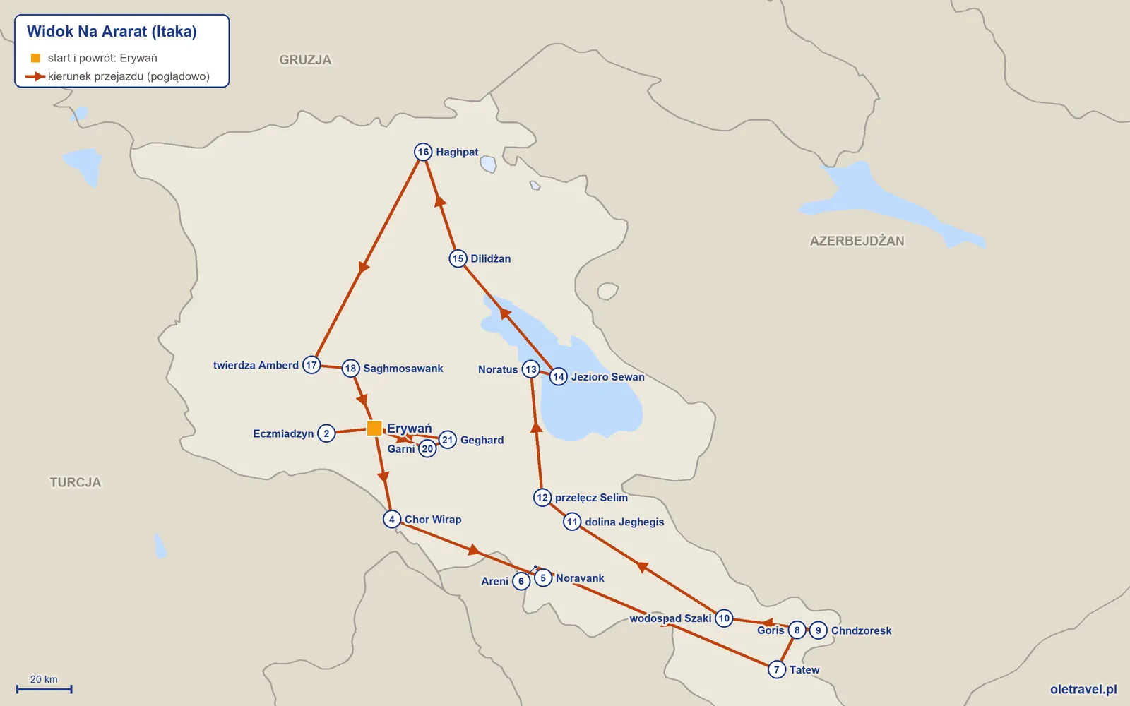 Mapa trasy wycieczki „Widok Na Ararat” z Itaką: Erywań – Eczmiadzyn – Erywań – Chor Wirap – Noravank – Areni – Tatew – Goris – Chndzoresk – wodospad Szaki – dolina Jeghegis – przełęcz Selim – Noratus – Jezioro Sewan – Dilidżan – Haghpat – twierdza Amberd – Saghmosawank – Erywań – Garni – Geghard – Erywań