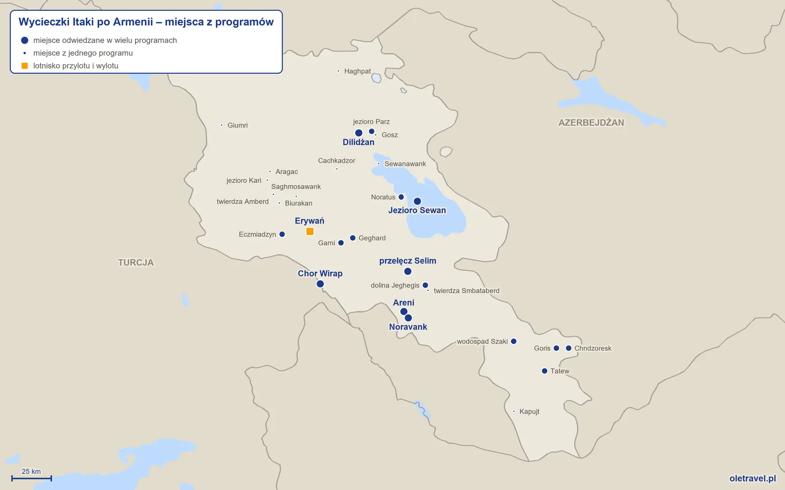 Mapa: Armenia z miejscami z programów wycieczek objazdowych Itaki