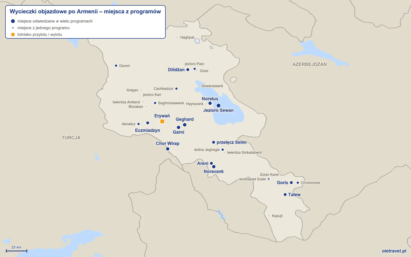 Mapa: Armenia z miejscami odwiedzanymi na wycieczkach objazdowych z naszej oferty