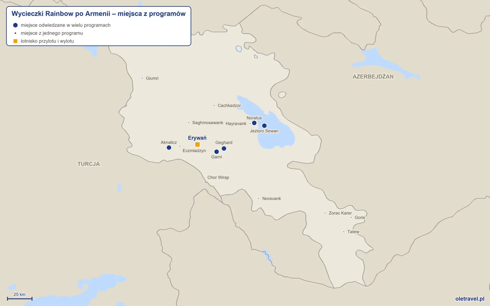 Mapa: Armenia z miejscami z programów wycieczek objazdowych Rainbow