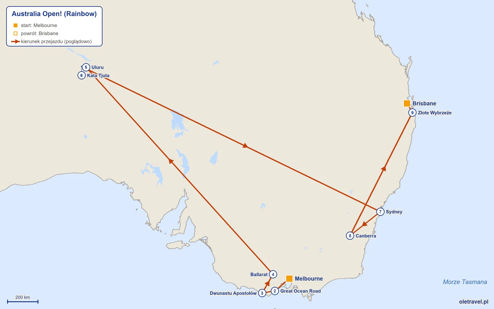 Mapa trasy wycieczki „Australia Open!” z Rainbow: Melbourne – Great Ocean Road – Dwunastu Apostołów – Ballarat – Uluru – Kata Tjuta – Sydney – Canberra – Złote Wybrzeże – Brisbane