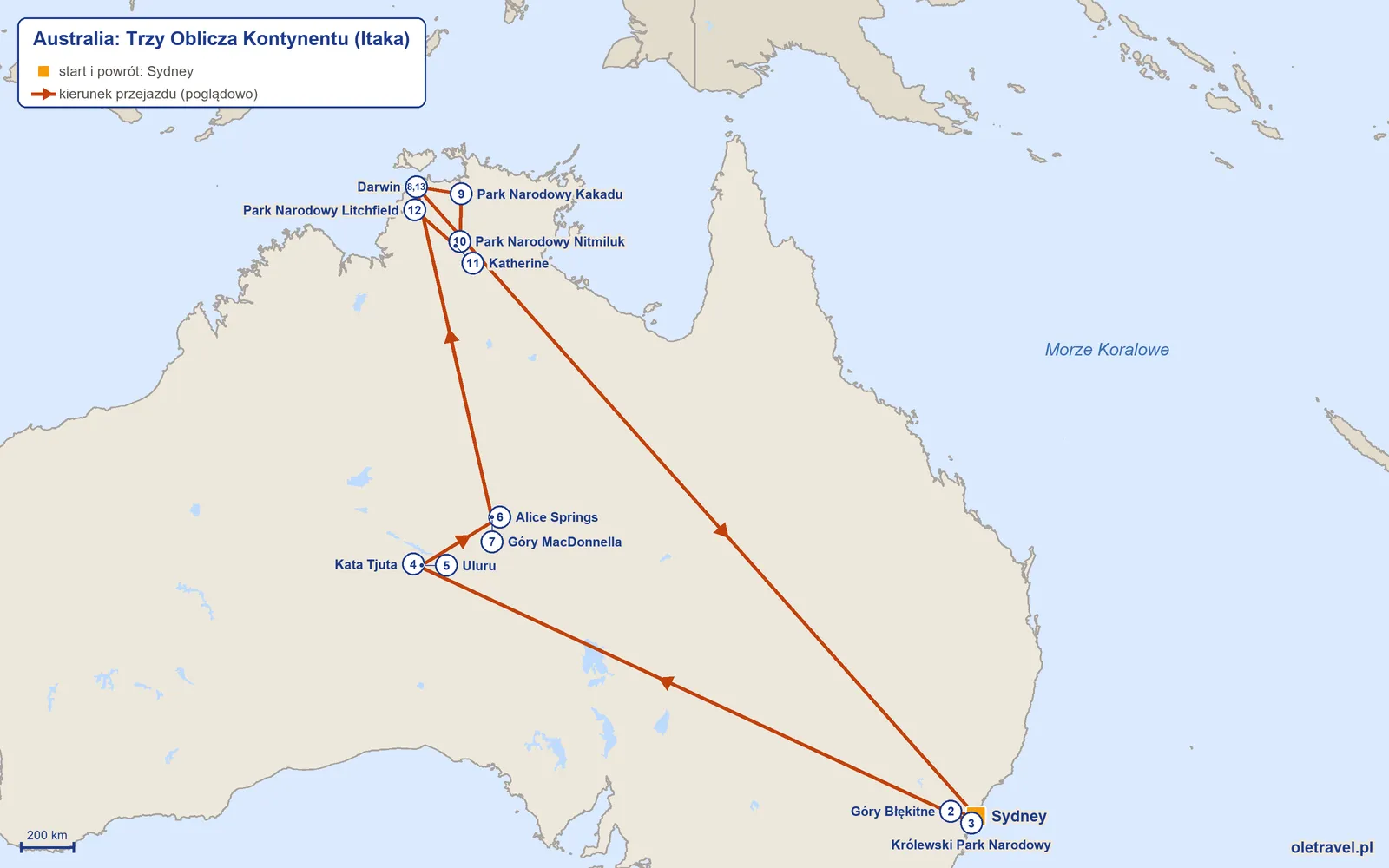 Mapa trasy wycieczki „Australia: Trzy Oblicza Kontynentu” z Itaką: Sydney – Góry Błękitne – Królewski Park Narodowy – Kata Tjuta – Uluru – Alice Springs – Góry MacDonnella – Darwin – Park Narodowy Kakadu – Park Narodowy Nitmiluk – Katherine – Park Narodowy Litchfield – Darwin – Sydney