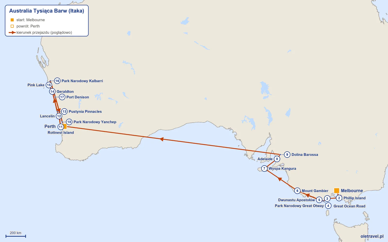 Mapa trasy wycieczki „Australia Tysiąca Barw” z Itaką: Melbourne – Phillip Island – Great Ocean Road – Park Narodowy Great Otway – Dwunastu Apostołów – Mount Gambier – Wyspa Kangura – Adelaide – Dolina Barossa – Perth – Rottnest Island – Lancelin – Pustynia Pinnacles – Geraldton – Pink Lake – Park Narodowy Kalbarri – Port Denison – Park Narodowy Yanchep – Perth