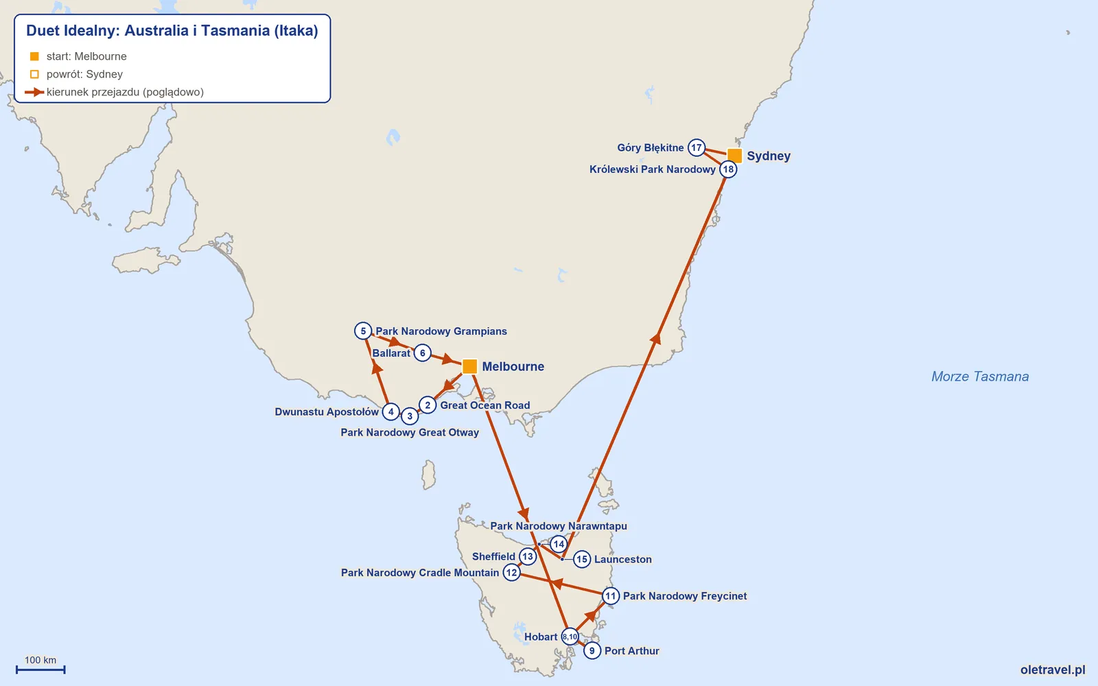 Mapa trasy wycieczki „Duet Idealny: Australia i Tasmania” z Itaką: Melbourne – Great Ocean Road – Park Narodowy Great Otway – Dwunastu Apostołów – Park Narodowy Grampians – Ballarat – Melbourne – Hobart – Port Arthur – Hobart – Park Narodowy Freycinet – Park Narodowy Cradle Mountain – Sheffield – Park Narodowy Narawntapu – Launceston – Sydney – Góry Błękitne – Królewski Park Narodowy – Sydney