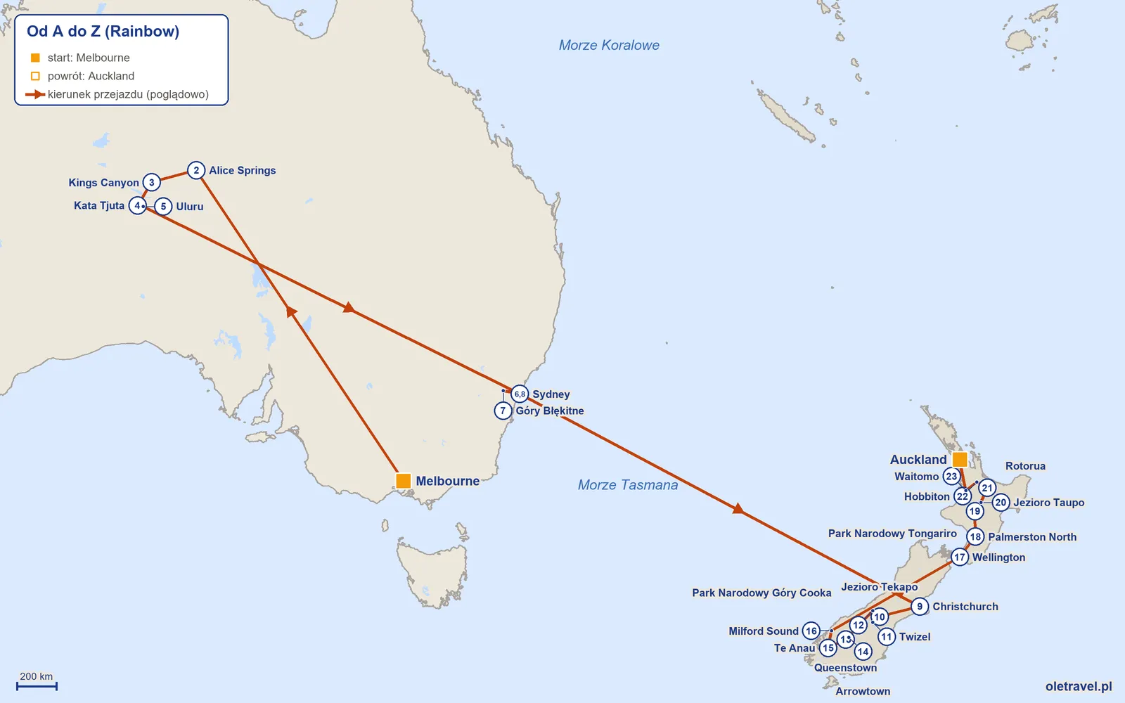 Mapa trasy wycieczki „Od A do Z” z Rainbow: Melbourne – Alice Springs – Kings Canyon – Kata Tjuta – Uluru – Sydney – Góry Błękitne – Sydney – Christchurch – Jezioro Tekapo – Twizel – Park Narodowy Góry Cooka – Queenstown – Arrowtown – Te Anau – Milford Sound – Wellington – Palmerston North – Park Narodowy Tongariro – Jezioro Taupo – Rotorua – Hobbiton – Waitomo – Auckland