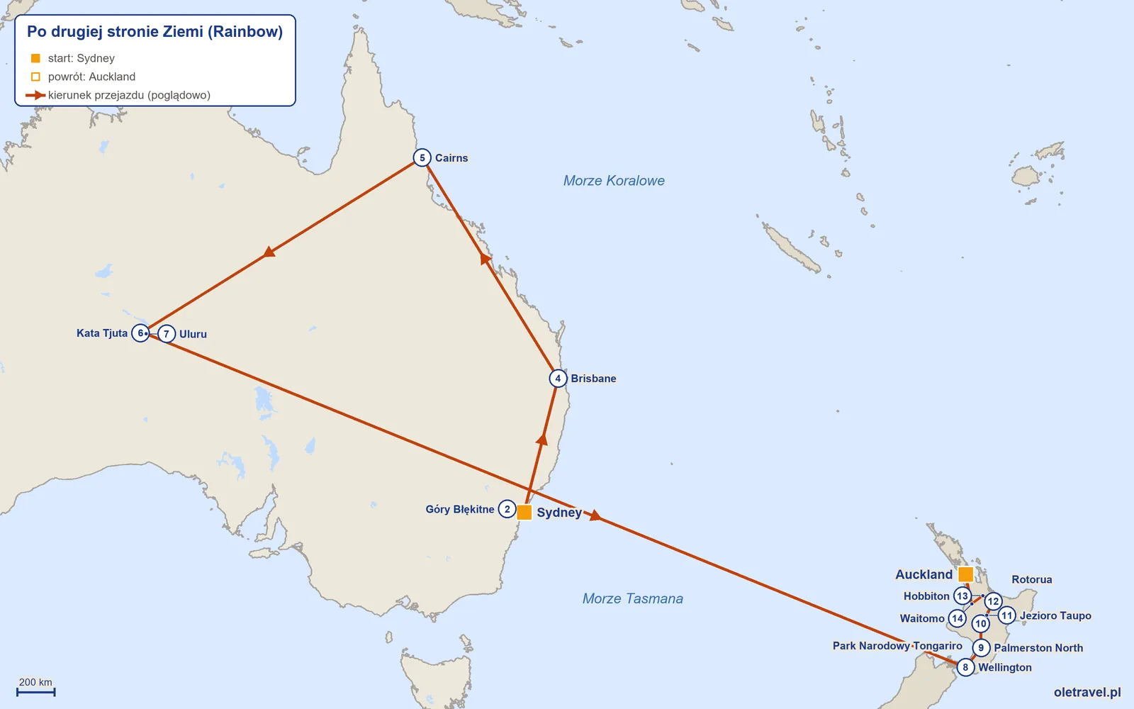 Mapa trasy wycieczki „Po drugiej stronie Ziemi” z Rainbow: Sydney – Góry Błękitne – Sydney – Brisbane – Cairns – Kata Tjuta – Uluru – Wellington – Palmerston North – Park Narodowy Tongariro – Jezioro Taupo – Rotorua – Hobbiton – Waitomo – Auckland
