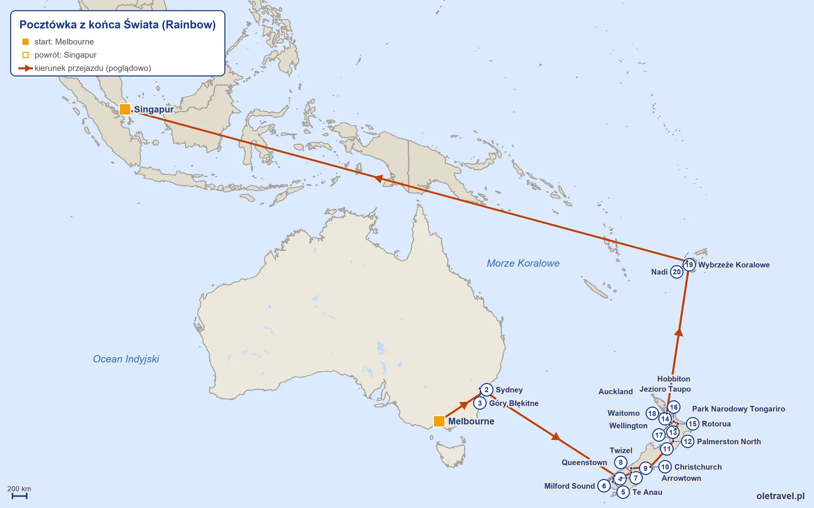 Mapa trasy wycieczki „Pocztówka z końca Świata” z Rainbow: Melbourne – Sydney – Góry Błękitne – Queenstown – Te Anau – Milford Sound – Arrowtown – Twizel – Park Narodowy Góry Cooka – Christchurch – Wellington – Palmerston North – Park Narodowy Tongariro – Jezioro Taupo – Rotorua – Hobbiton – Waitomo – Auckland – Wybrzeże Koralowe – Nadi – Singapur