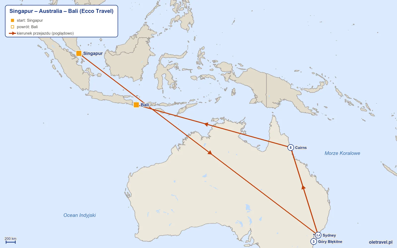 Mapa trasy wycieczki „Singapur – Australia – Bali” z Ecco Travel: Singapur – Sydney – Góry Błękitne – Sydney – Cairns – Bali
