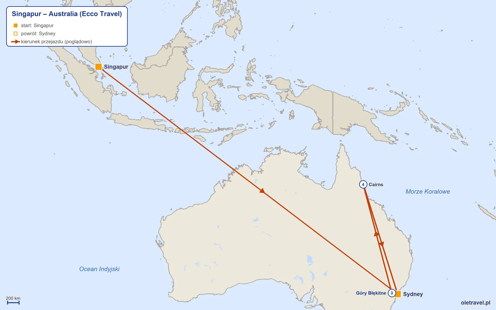 Mapa trasy wycieczki „Singapur – Australia” z Ecco Travel: Singapur – Sydney – Góry Błękitne – Cairns – Sydney