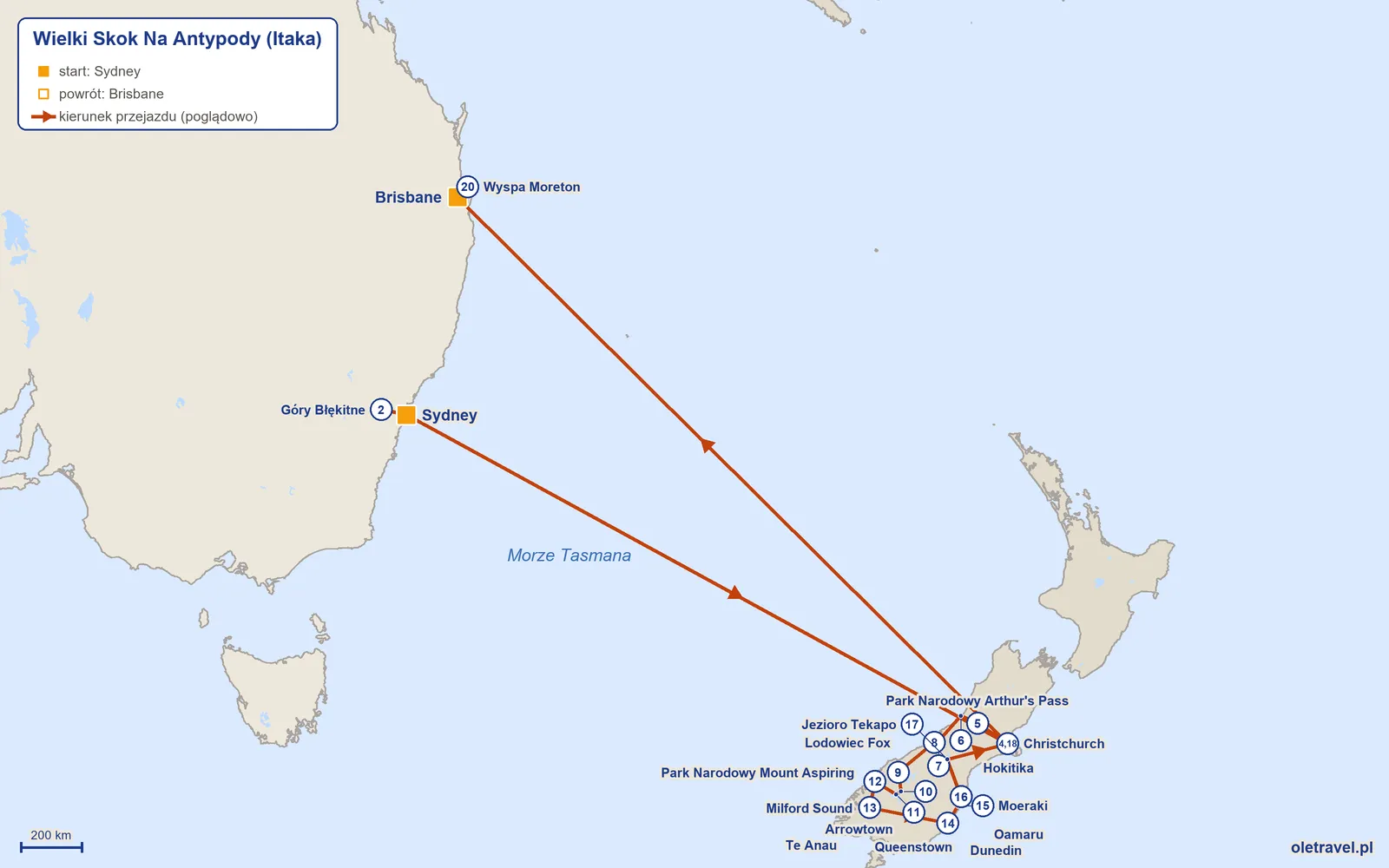 Mapa trasy wycieczki „Wielki Skok Na Antypody” z Itaką: Sydney – Góry Błękitne – Sydney – Christchurch – Park Narodowy Arthur's Pass – Hokitika – Lodowiec Franciszka Józefa – Lodowiec Fox – Park Narodowy Mount Aspiring – Arrowtown – Queenstown – Milford Sound – Te Anau – Dunedin – Moeraki – Oamaru – Jezioro Tekapo – Christchurch – Brisbane – Wyspa Moreton – Brisbane