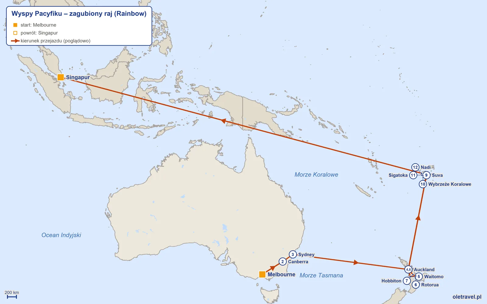 Mapa trasy wycieczki „Wyspy Pacyfiku – zagubiony raj” z Rainbow: Melbourne – Canberra – Sydney – Auckland – Waitomo – Rotorua – Hobbiton – Auckland – Suva – Wybrzeże Koralowe – Sigatoka – Nadi – Singapur