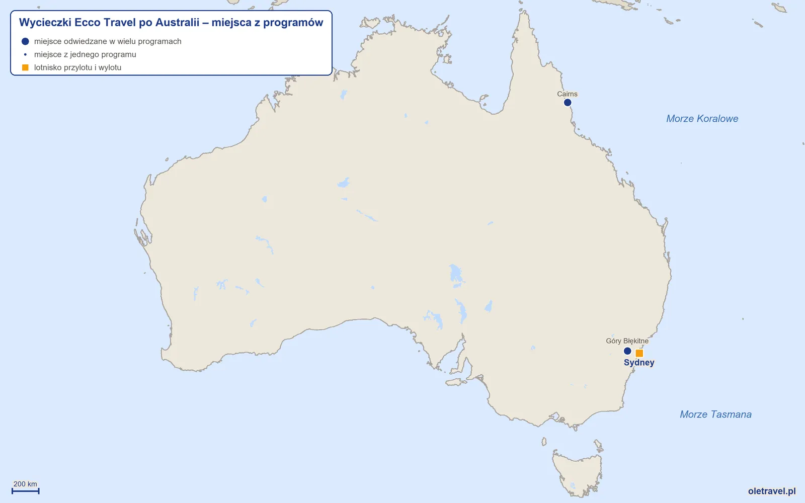 Mapa: Australia z miejscami z programów wycieczek objazdowych Ecco Travel