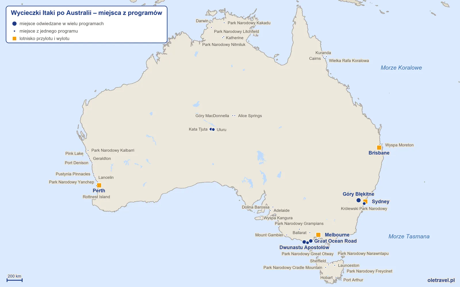 Mapa: Australia z miejscami z programów wycieczek objazdowych Itaki