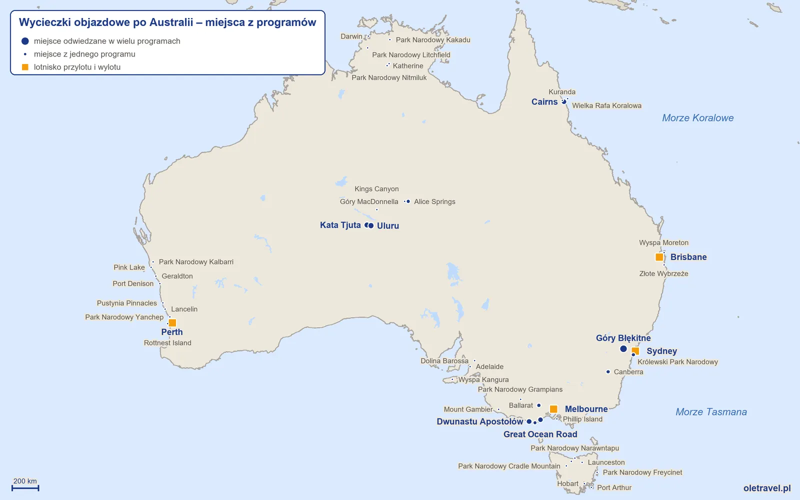 Mapa: Australia z miejscami odwiedzanymi na wycieczkach objazdowych z naszej oferty