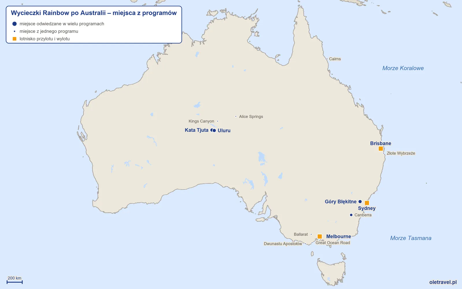 Mapa: Australia z miejscami z programów wycieczek objazdowych Rainbow