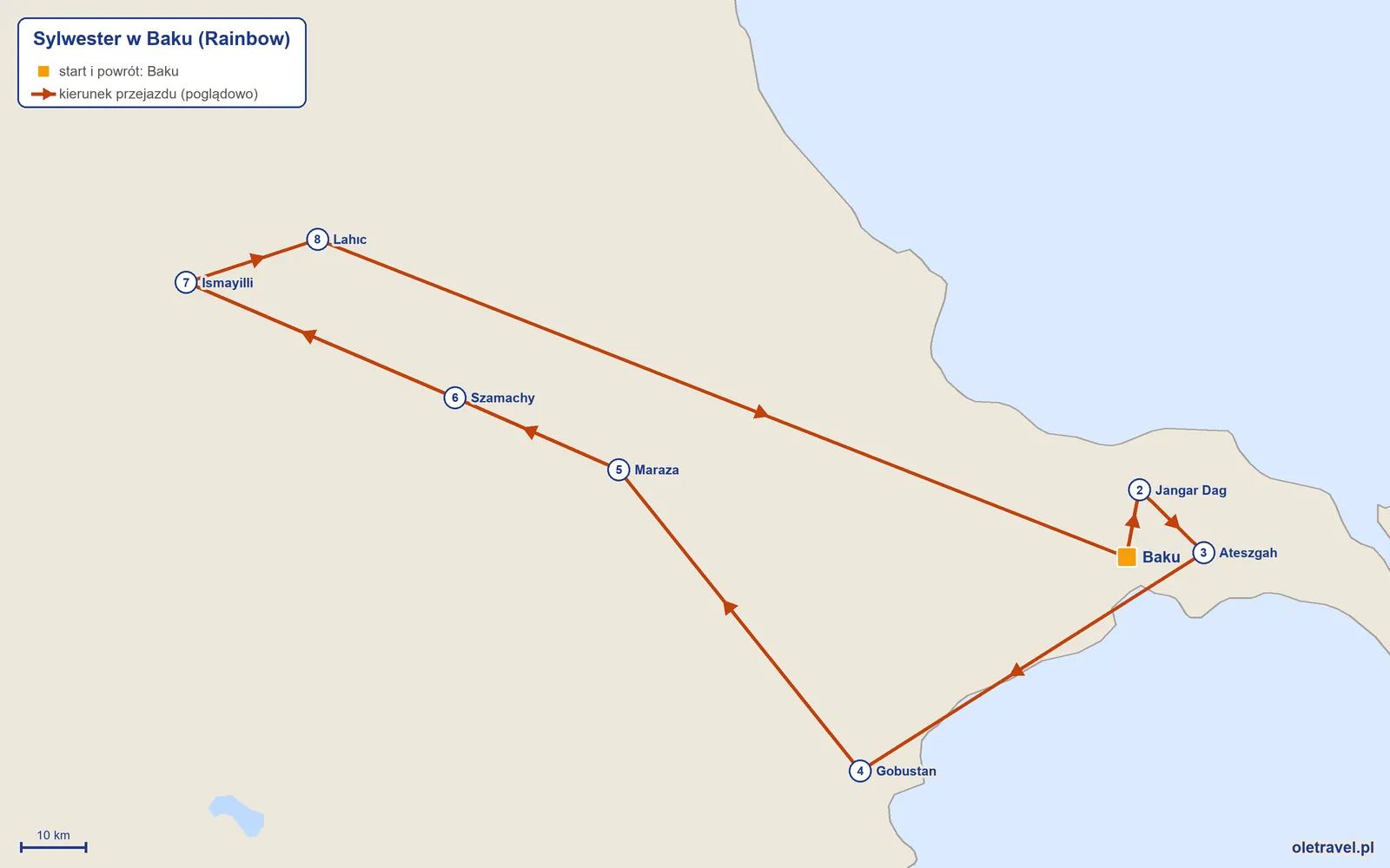 Mapa trasy wycieczki „Sylwester w Baku” z Rainbow: Baku – Jangar Dag – Ateszgah – Gobustan – Maraza – Szamachy – Ismayilli – Lahıc – Baku