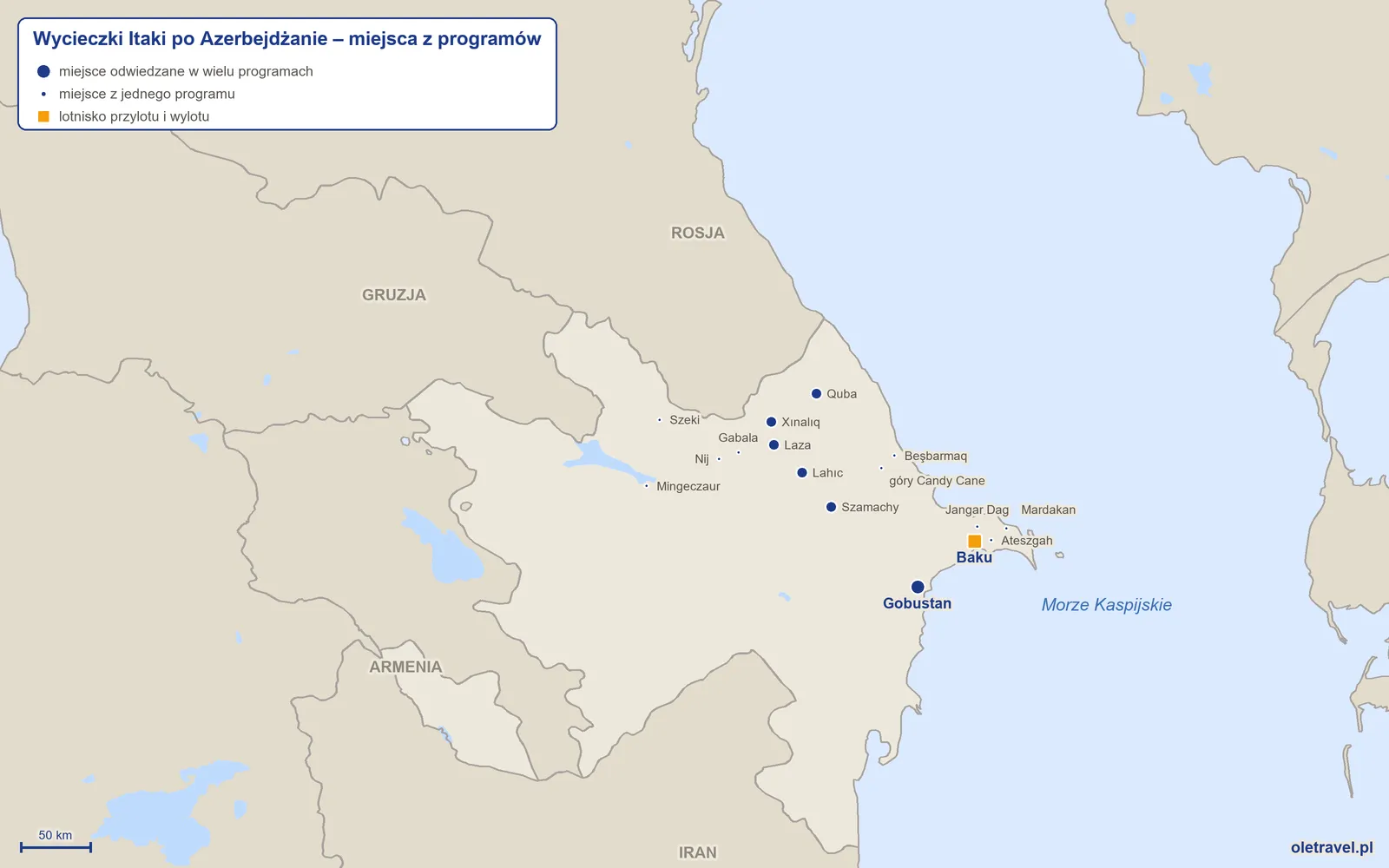Mapa: Azerbejdżan z miejscami z programów wycieczek objazdowych Itaki