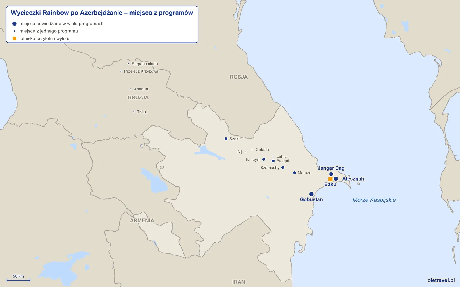 Mapa: Azerbejdżan z miejscami z programów wycieczek objazdowych Rainbow
