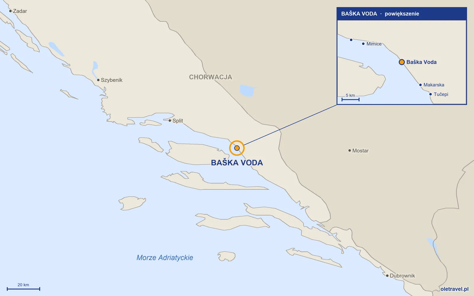 Mapa Chorwacji z zaznaczonym położeniem: Baška Voda; w powiększeniu okolice z sąsiednimi miejscowościami