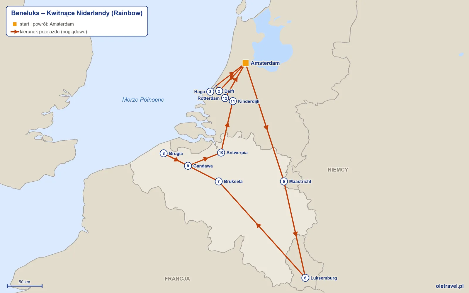 Mapa trasy wycieczki „Beneluks – Kwitnące Niderlandy” z Rainbow: Amsterdam – Delft – Haga – Amsterdam – Maastricht – Luksemburg – Bruksela – Brugia – Gandawa – Antwerpia – Kinderdijk – Rotterdam – Amsterdam