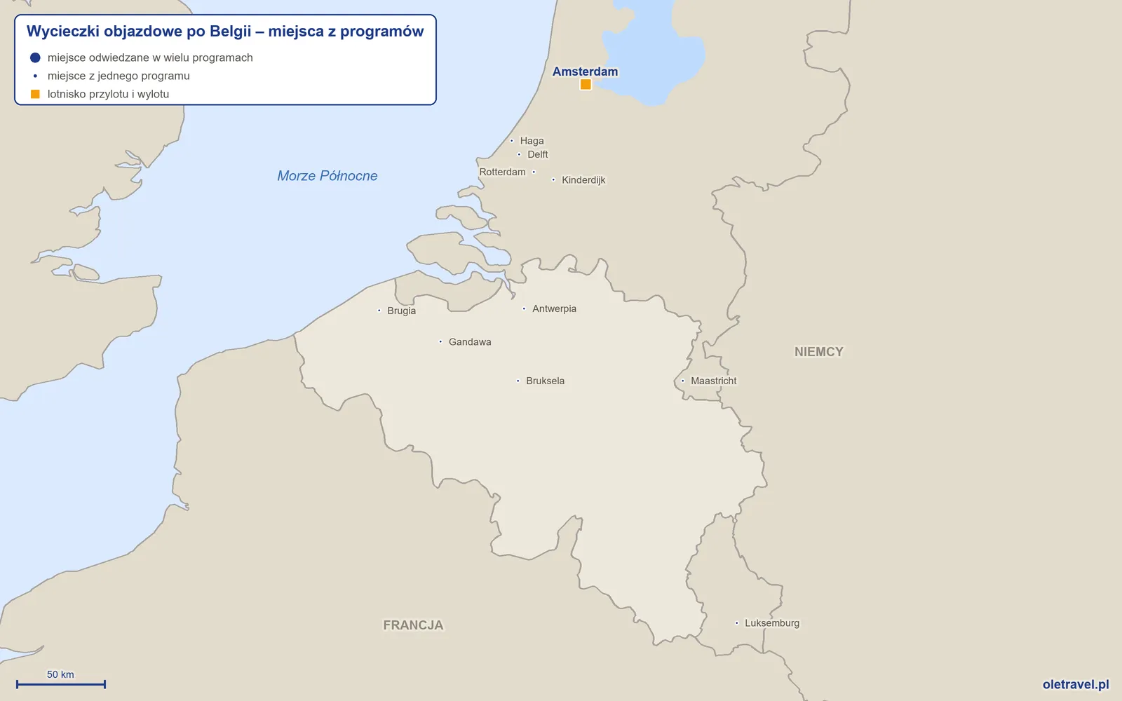 Mapa: Belgia z miejscami odwiedzanymi na wycieczkach objazdowych z naszej oferty